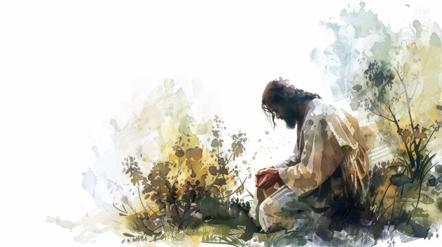 Jesus depicted in prayer in the garden of Gethsemane through digital watercolor on a white backdrop.