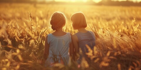 Two young girls hug each other in a field of yellow leaves