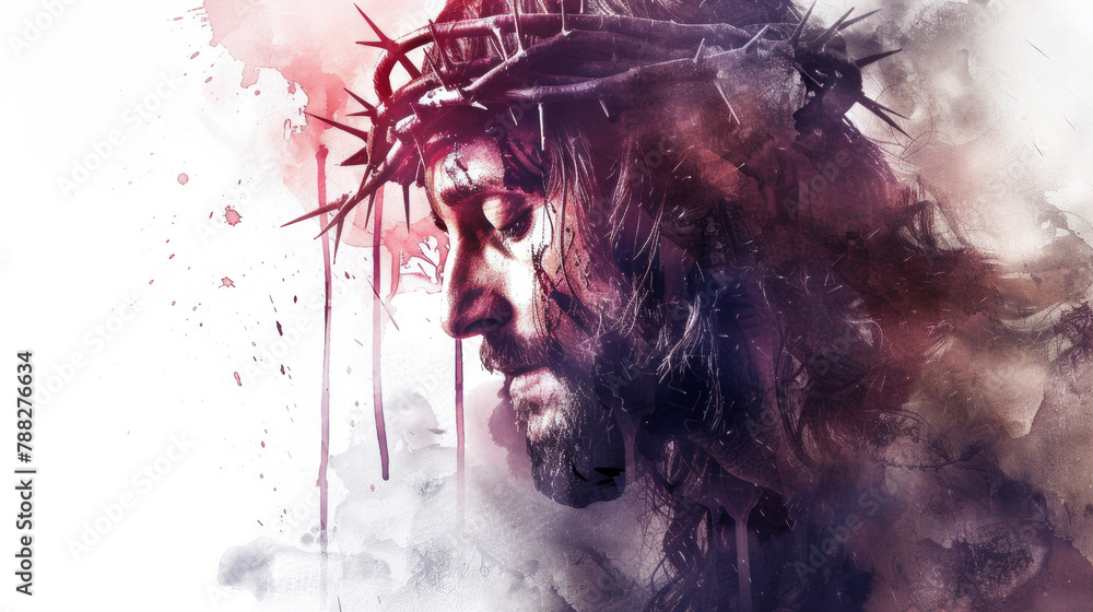 Wall mural A digital painting on a white background depicts Jesus with his eyes closed in agony as he suffers through the crucifixion. - Wall murals