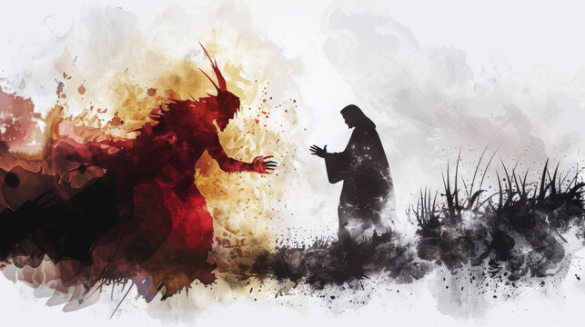 Jesus facing temptation from Satan in the desert depicted in a digital watercolor on a white background.