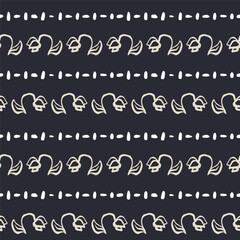 Monochrome dark blue and beige seamless pattern with sketchy shapes and flowers. Vintage folk abstract stripes background