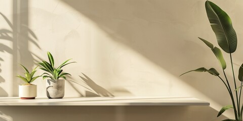 A shelf with two potted plants on it