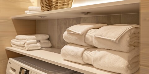 A laundry room with a white washer and dryer, and a basket of white towels