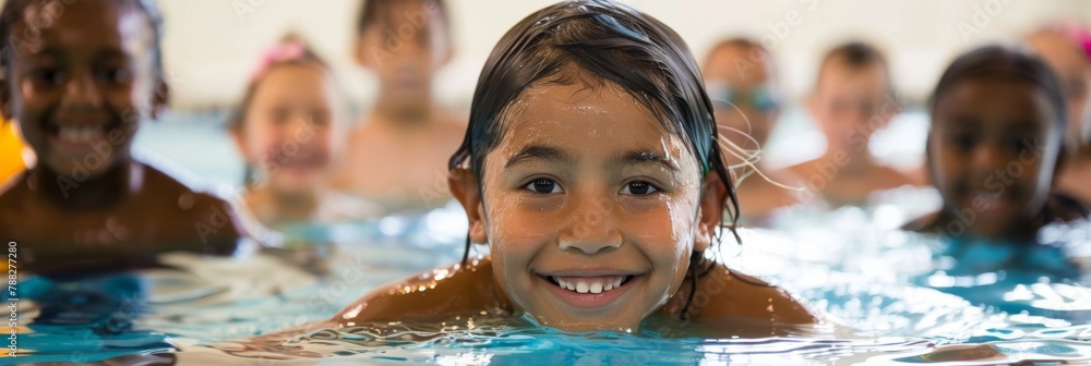 Wall mural children of different ages come together to enjoy the learning to swim experience