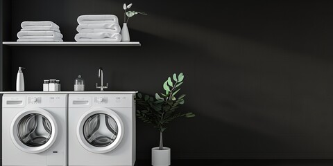 A white wall with a white washer and dryer on it. A potted plant is on the right side of the washer