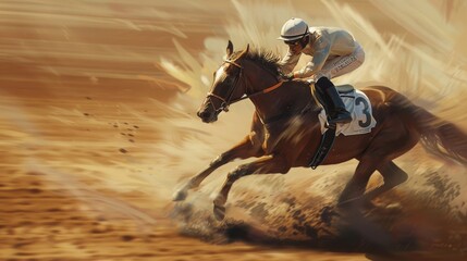 Racehorse at high speed, its powerful muscles rippling under its smooth coat as it gallops towards the finish line