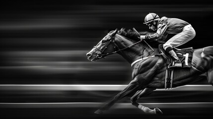 Fototapeta na wymiar Racehorse at high speed, its powerful muscles rippling under its smooth coat as it gallops towards the finish line