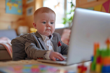 business concept, baby boy in business suit working with laptop in his room