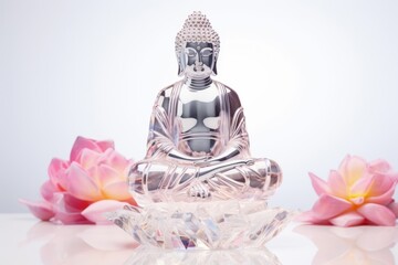 Seated buddha statue sculpture made from glass, which is mind restraint of buddha religion, exhibited in soundless room, and there are lotuses around statue sculpture.