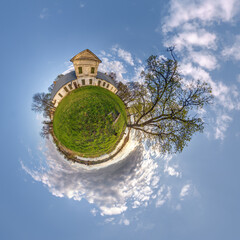 little planet and spherical aerial 360 panorama view on street ancient medieval castle with church and historic buildings with columns - 788277478