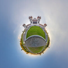 little planet and spherical aerial 360 panorama view on street ancient medieval castle with church and historic buildings with columns - 788277659