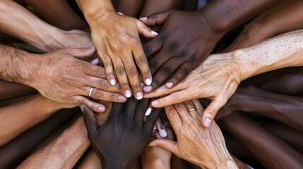 Stack of hands, each representing an individual, united in a single gesture of teamwork and solidarity