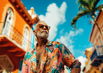 Obraz premium Colorful fashion shot of older man in modern casual elegant fashion clothes at the summer street.