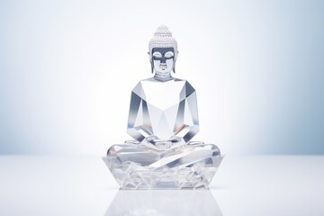 Seated buddha statue sculpture made from glass, which is mind restraint of buddha religion, exhibited in soundless room, and there are lotuses around statue sculpture.