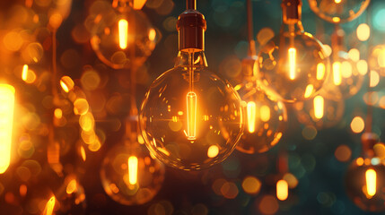 A bunch of light bulbs hanging from the ceiling - obrazy, fototapety, plakaty