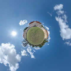 little planet and spherical aerial 360 panorama view on street ancient medieval castle with church and historic buildings with columns - 788277897