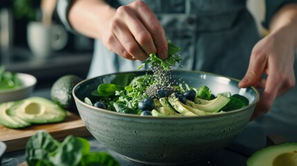 Man preparing a bowl of detox smoothie. Bowl filled with vibrant green spinach and kale, topped with avocado slices - obrazy, fototapety, plakaty