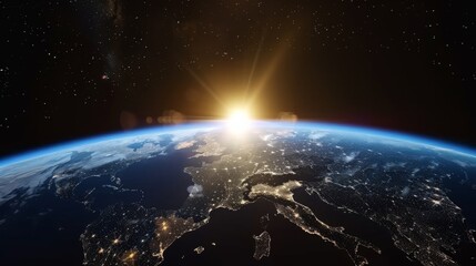 Sunrise over earth as seen from space. With stars background
