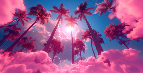 Dreamlike pink clouds and palm silhouettes against a radiant sky. A whimsical view of palm trees framed by vibrant pink clouds and a luminous sky, conveying a surreal and dreamy tropical scene
