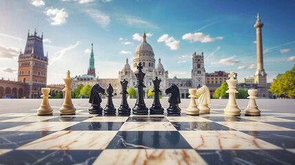 A chessboard set against a backdrop of famous landmarks, symbolizing the international appeal of the game. - obrazy, fototapety, plakaty