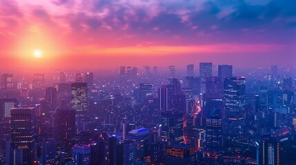 Futuristic city skyline with AI-driven tech, dusk lighting, aerial view, vibrant colors, High quality photo for banner or cover design. ,copy space, high resolution,