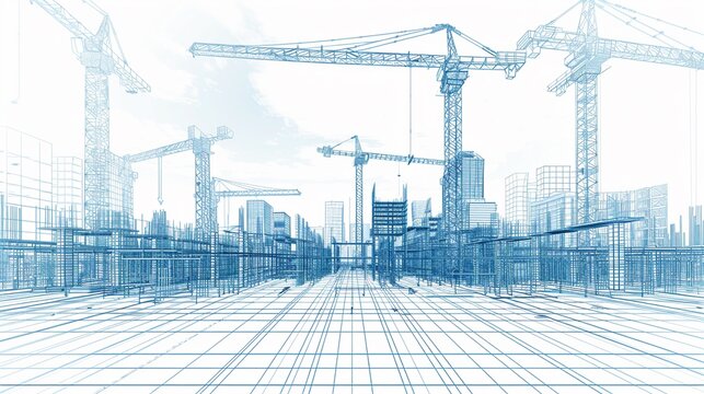 A blueprint style construction site with cranes and buildings in the background. The image is in blue tones on white, creating an abstract feel