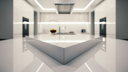 Fototapeta na wymiar Chic Monochrome White Countertop or Kitchen Island in a Subtly Blurred Kitchen Interior