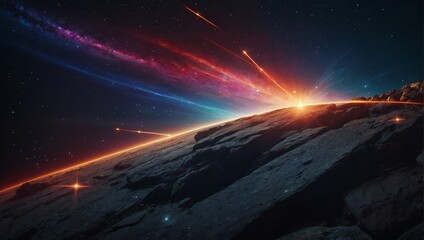 Space abstract background, shooting star, flash, laser through the stone, vivid colors. - obrazy, fototapety, plakaty