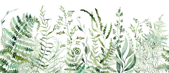 Seamless border with Watercolor fern and botanical green leaves isolated illustration, wedding © katrinshine