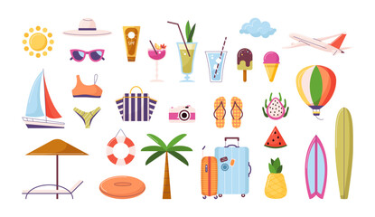 Travel items for summer holiday. Tourism icons for sea vacation. Colored flat vector illustration isolated on white background