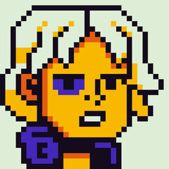 Hooligan with black eye pixel girl character in headphones, avatar, cartoon vector icon, game user or web profile person, people, 8-bit, social net portrait, young woman face, modern cryptoart.