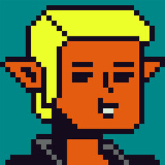 Fototapeta premium Pixel art man elf ears portrait 80-s, cryptoart, 8-bit, male cute character, avatar, cartoon vector icon, game user, web profile persons, people, social net portrait, minimalistic style.