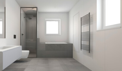 Fototapeta na wymiar Modern bathroom with white tiled walls, spacious shower area, sleek toilet. Well-lit space exudes contemporary ambiance, ideal for relaxation and luxurious bath experience.