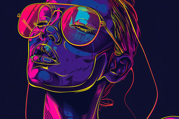 Neon colored portrait of a woman with reflective sunglasses and earphones