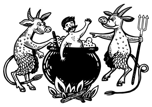 Devils boil man in cauldron engraving PNG illustration. Scratch board style imitation. Black and white hand drawn image.