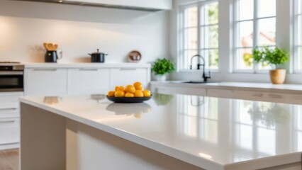 Fototapeta na wymiar Elegant Simplicity White Countertop or Kitchen Island in a Softly Blurred Modern Kitchen Background