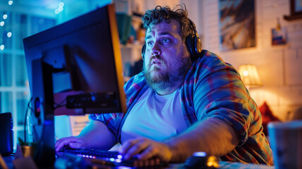 Obraz premium A extreme obese man sitting at a desk with a computer monitor in front of him addiction social problems