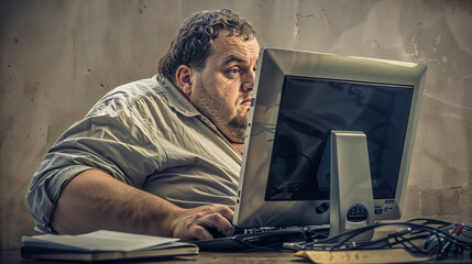A extreme obese man sitting at a desk with a computer monitor in front of him addiction social problems