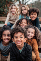 Fototapeta premium A group of children with curly hair are smiling and posing for a picture, scene is happy and joyful, as the children are enjoying each other company and having a good time