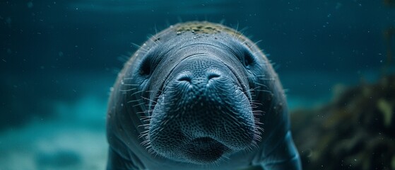 Detailed closeup of a manatee swimming peacefully, showcasing its gentle eyes and smooth skin in the soft underwater light