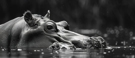 high contrast portrait, black and white, detailed, hippo in the wild with mother and child -