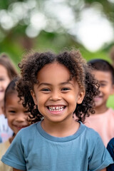 A girl with afro style hair smiling and looking at the camera with her friends behind her