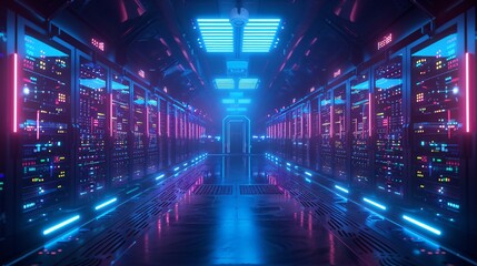 Fototapeta premium A long, dark hallway with bright neon lights on either side.