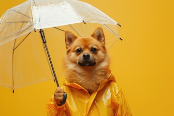 Stylish dog enjoying the rain in a yellow raincoat and umbrella, on bright yellow background