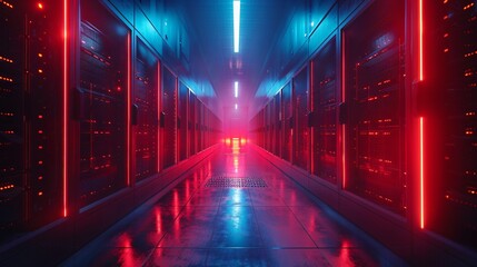 A long, dark hallway with red and blue neon lights on the walls and floor. - obrazy, fototapety, plakaty