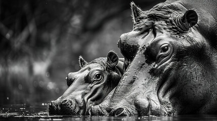 Fototapeta na wymiar high contrast portrait, black and white, detailed, hippo in the wild with mother and child -