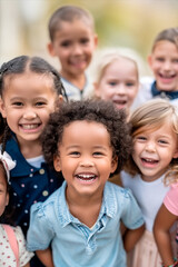 A multi ethnic group of children are smiling and posing for a picture, scene is happy and joyful