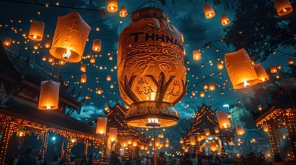 In the heart of Chiang Mai, the letters of THAILAND materialize amidst a sea of lanterns, casting a warm glow against the night sky. - obrazy, fototapety, plakaty