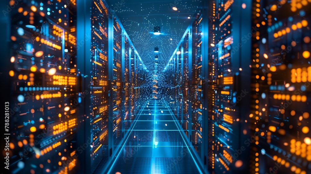 Poster futuristic data center with rows of server racks.