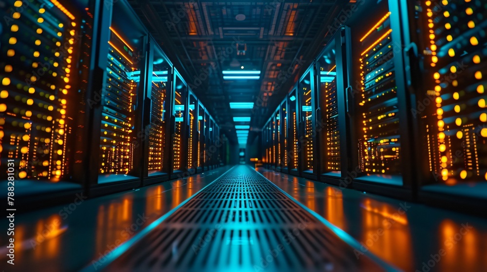 Poster futuristic data center with rows of server racks and bright lights